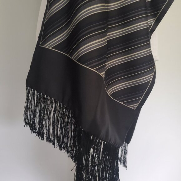Vintage Men's Black Fringe Long Silk Scarf Diagonal Grey Pinstripe Luxe Design - Picture 1 of 10